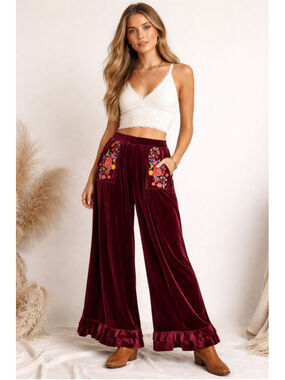 Umgee Bohemian Burgundy Velvet Embroidered Wide Leg Pants Cottagecore Romantic M